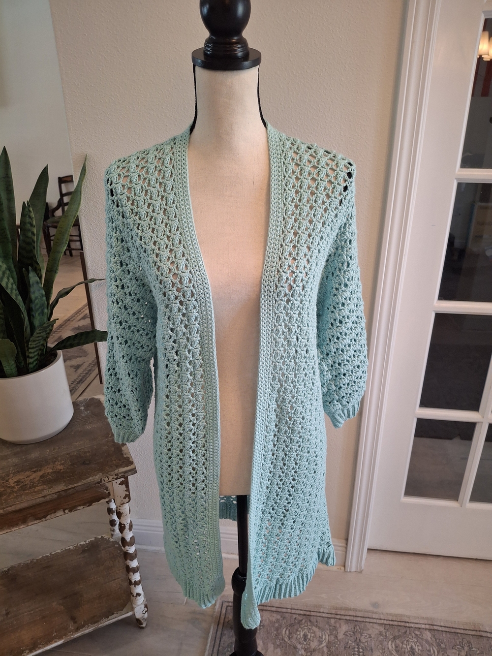 Beautiful Hand Knit Cotton Light Aqua Open-Front Cardigan